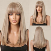 Blond mit braunen Highlights, lange, glatte Kunsthaarperücken für Frauen, Naturhaarperücken mit Pony, hitzebeständig, Cosplay